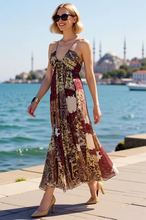 Kadın Maxi Şifon Elbise V Yaka Kolsuz Şal Desen Astarlı Dokuma Rahat Kesim Yaz Günlük Modern Şık