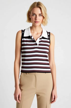 Kadın Bluz Gömlek Yaka Kolsuz Crop Fitted Triko İnce Renk Bloklu Yazlık Günlük Dokuma Tek Plaka
