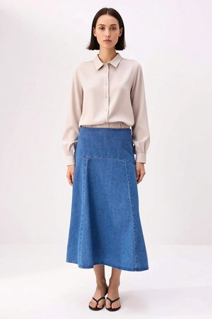 Kadın A-Line Midi Denim Etek Dikiş Detaylı %100 Pamuk Dökümlü Kesim Rahat Günlük Modern Şık Konforlu