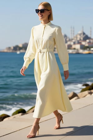 Kadın Maxi Tesettür Elbisesi Dik Yaka Uzun Kol Kuşaklı Terrycotton Dokuma Rahat Kesim Günlük Modern