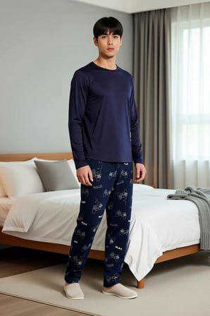 Erkek Bisiklet Yaka Standart Kol Regular Fit Baskılı Örme Pijama Takımı Estetik %100 Pamuk