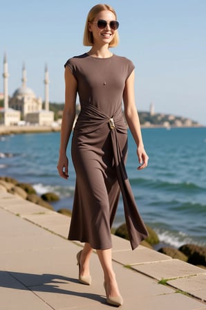 Kadın Kolsuz Bisiklet Yaka Midi Elbise Aksesuar Detaylı Bodycon Kesim Modal Kumaş Günlük Rahat Şık