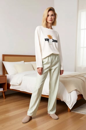 Kadın Bisiklet Yaka Uzun Kol Regular Kalıp Çizgili Pijama Takımı Fonksiyonel Şık %100 Pamuk