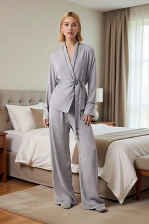 Kadın V Yaka Uzun Kol Relaxed Kalıp Dokuma Pijama Takımı Fonksiyonel Dayanıklı