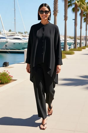 Kadın Büyük Beden Hakim Yaka Panço Gömlek İkili Takım Modal Polyester Uzun Kol Günlük Rahat Modern