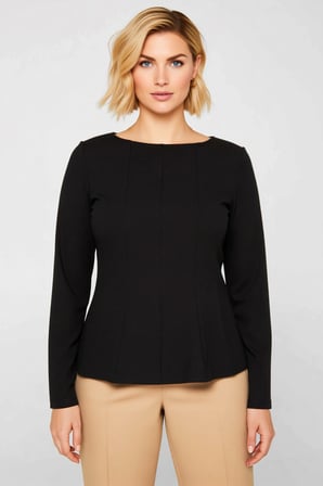Kadın Büyük Beden Bluz Bisiklet Yaka Uzun Kol İnterlok Örme Fitted Kalıp Düz Desen Regular Boy