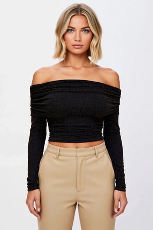 Kadın Bluz Carmen Yaka Uzun Kol Fitted Kalıp Simli Örme Kumaş Düz Desen Regular Boy Parti Ortam