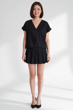 Kadın Keten Bluz Etek Takımı V Yaka Reglan Kol Mini Dokuma Rahat Günlük Kombinli Set Modern Şık