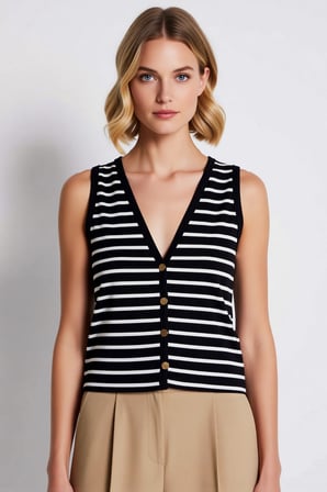 Kadın Bluz V Yaka Kolsuz Fitted Vücuda Oturan İnterlok Örme Önden Düğmeli Crop Düz Desen Şık