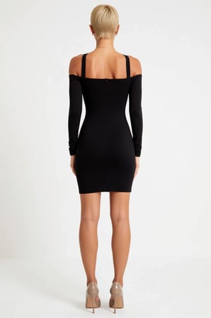 Kadın Mini Astarlı Carmen Yaka Uzun Kollu Bodycon Örme Elbise Altın Detaylı Günlük Rahat Modern