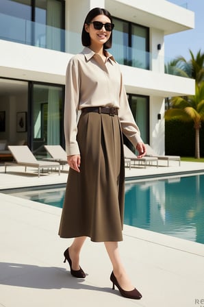 Kadın Büyük Beden Pileli Midi Etek Kemerli Viskon Ribana Dokuma Rahat Kesim Günlük Modern Şık Zarif