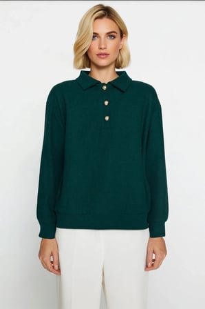 Kadın Polo Yaka Düşük Kol Düğmeli Selanik Triko Regular Kalıp Sweatshirt Fonksiyonel Rahat
