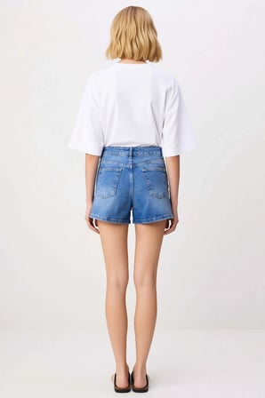 Kadın Şort Etek Yüksek Bel Kruvaze Kapama Denim Kumaş Hafif Esnek Mini Boy Boru Paça Düz Desen