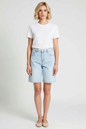 Kadın Bermuda Yüksek Bel Geniş Paça Düz Desen Denim Rahat Kesim Kısa Boy Yazlık Giyim