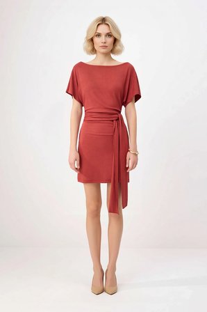 Kadın Kısa Kollu Asimetrik Yaka Bağlamalı Bodycon Mini Elbise Viskon Ribana Yumuşak Örme Günlük