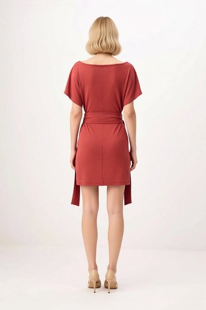 Kadın Kısa Kollu Asimetrik Yaka Bağlamalı Bodycon Mini Elbise Viskon Ribana Yumuşak Örme Günlük