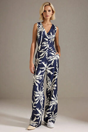 Kadın Alt Üst Tropikal Palmiye Desenli V Yaka Kolsuz Rahat Kesim Geniş Paça Tulum Yazlık Şıklık Şık