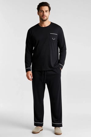 Erkek Büyük Beden Bisiklet Yaka Uzun Kol Nakışlı Örme Pijama Takımı Fonksiyonel %100 Pamuk