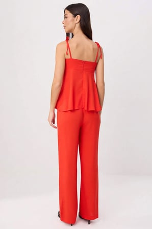 Kadın Büyük Beden Peplum Bluz Pantolon Takımı Kare Yaka Kolsuz Viskoz Dokuma Uzun Boy Günlük Rahat