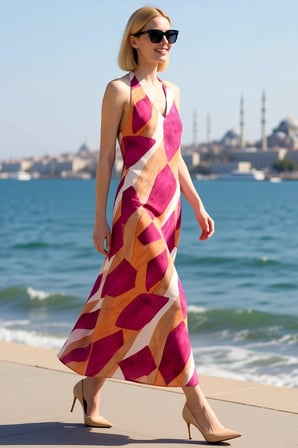 Kadın Kolsuz Halter Yaka Çiçek Desen Maxi Dokuma Elbise Astarlı Shift Kesim Saten Kumaş Günlük Rahat
