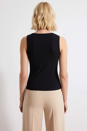 Kadın Bluz Fitted Crop Bisiklet Yaka Kolsuz Düğmeli Fitilli Örme Kaşkorse Dokulu Esnek Şık