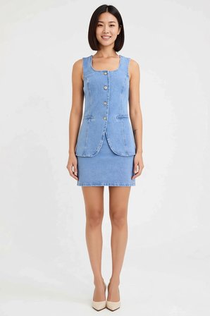 Kadın Kolsuz Kare Yaka Denim Yelek Etek Takımı %100 Pamuk Regular Kesim Düz Desen Günlük Rahat Şık