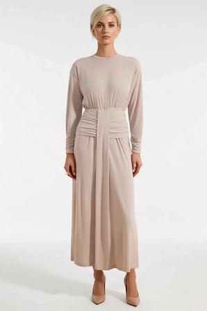 Kadın Maxi Elbise Bodycon Kayık Yaka Uzun Kol Örme Sandy Kumaş Düz Astarsız Kesim Tam Boy