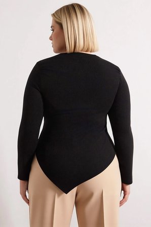 Kadın Büyük Beden Bluz Asimetrik Yaka Uzun Kol Örme Kaşkorse Fitted Kalıp Düz Desen Kesim Şık