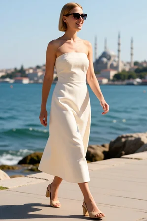 Kadın Straplez Poplin Maxi Elbise %100 Pamuk A-Line Kesim Kolsuz Astarlı Yazlık Dokuma Günlük Rahat