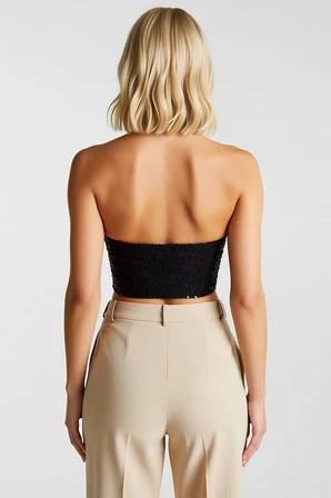 Kadın Bluz Crop Kare Yaka Kolsuz Bedene Oturan Örme Payet Dokuma Kısa Kesim Düz Desen Fermuarlı Üst