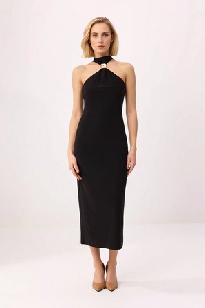 Kadın Bodycon Halter Yaka Kolsuz Midi Esnek Örme Elbise Aksesuar Detaylı Astarlı Günlük Rahat Modern