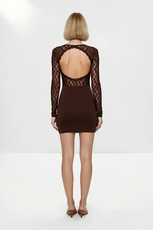 Kadın Uzun Kollu V Yaka Dantel Detaylı Bodycon Kesim Mini Elbise Astarsız Rahat Günlük Modern Şık
