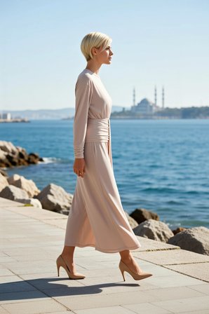 Kadın Maxi Elbise Bodycon Kayık Yaka Uzun Kol Örme Sandy Kumaş Düz Astarsız Kesim Tam Boy