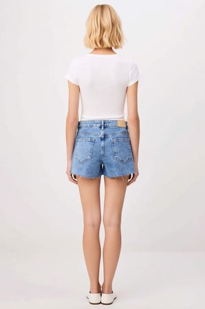 Kadın Şort Yüksek Bel Slim Kalıp Ekstra Mini Paça Kesikli Düz Desen Denim Kumaş Spor