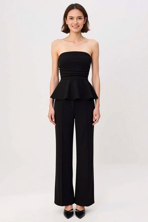 Kadın Straplez Peplum Detaylı Geniş Paça Uzun Örme Takım Soft Touch Kumaş Rahat Kesim Günlük Modern