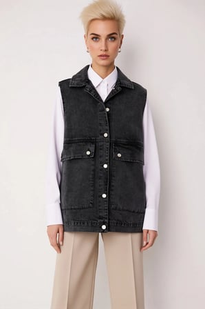 Kadın Gömlek Yaka Kolsuz Düğmeli Cepli Denim Yelek Ceket Regular Kalıp Kumaş Şık %100 Pamuk