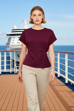 Kadın T Shirt Kayık Yaka Kısa Kol Relaxed Rahat Kalıp Büzgülü Düz Desen Örme Yumuşak