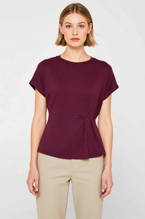Kadın T Shirt Kayık Yaka Kısa Kol Relaxed Rahat Kalıp Büzgülü Düz Desen Örme Yumuşak