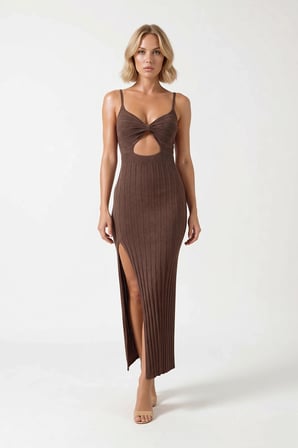 Kadın Kolsuz Triko Maxi Elbise Balıkçı Yaka Cut Out Detaylı Plaj Giyimi Rahat Günlük Modern Şık