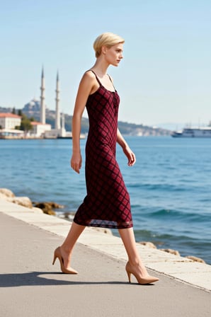 Kadın Büyük Beden Midi Elbise Kare Yaka İnce Askılı Kolsuz Ekose Desen Örme Esnek Kumaş A Kesim