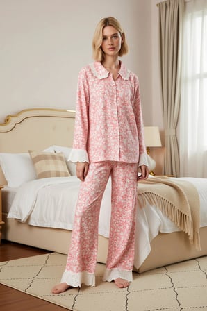 Kadın Gömlek Yaka Uzun Kol Shally Dokuma Pijama Takımı Fonksiyonel Dayanıklı Şık