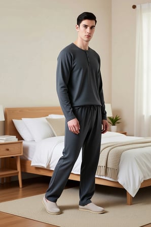 Erkek Düğmeli Yaka Standart Kol Regular Kalıp Waffle Örme Pijama Takımı Fonksiyonel Modern