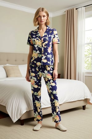 Kadın Gömlek Yaka Kısa Kollu Pijama Takımı Çiçekli Regular Kalıp Fonksiyonel Şık