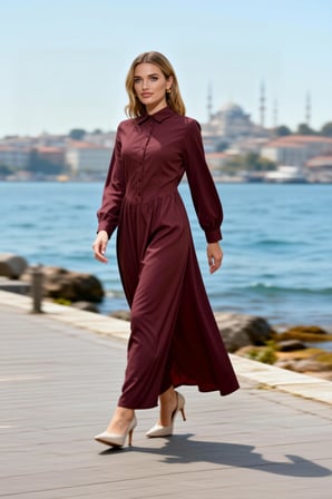 Kadın Maxi Elbise Yaka Uzun Kol Skater Kalıp Dokuma Düz Desen Astarsız Günlük Kullanım