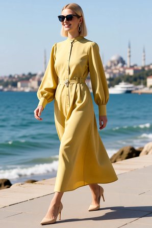Kadın Maxi Tesettür Elbisesi Dik Yaka Uzun Kol Kuşaklı Terrycotton Dokuma Rahat Kesim Günlük Modern