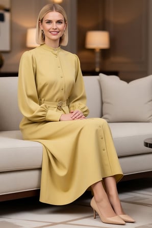 Kadın Maxi Tesettür Elbisesi Dik Yaka Uzun Kol Kuşaklı Terrycotton Dokuma Rahat Kesim Günlük Modern