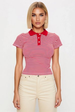 Kadın Bluz Polo Yaka Kısa Kol Fitted Kalıp Çizgili Desen Crop Boy Örme Kumaş Yarım Pat Düğmeli
