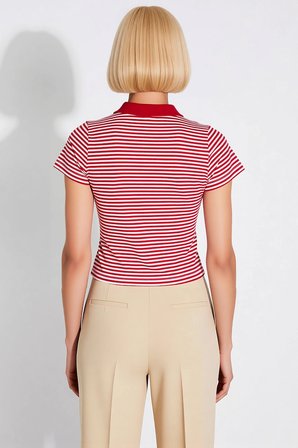 Kadın Bluz Polo Yaka Kısa Kol Fitted Kalıp Çizgili Desen Crop Boy Örme Kumaş Yarım Pat Düğmeli