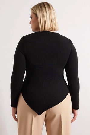 Kadın Büyük Beden Bluz Asimetrik Yaka Uzun Kol Örme Kaşkorse Fitted Kalıp Düz Desen Kesim Şık
