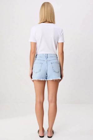 Kadın Şort Yüksek Bel Slim Kalıp Yırtık Detaylı Ekstra Kısa Mini Boy Denim Rigid Dokuma